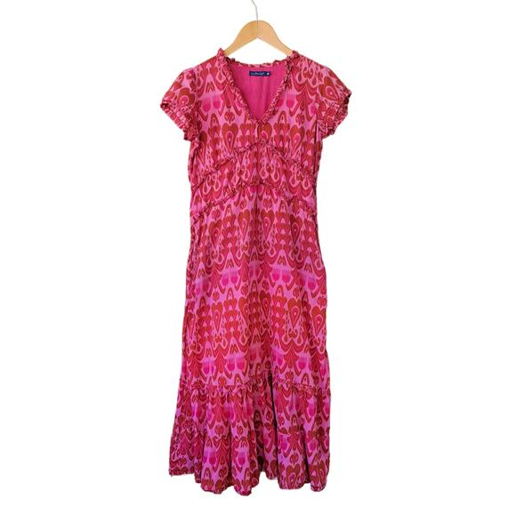 LA PLAGE Mallory Short Sleeve Tiered Maxi Dress XS Pink Red Woodblock Resort - Picture 6 of 9